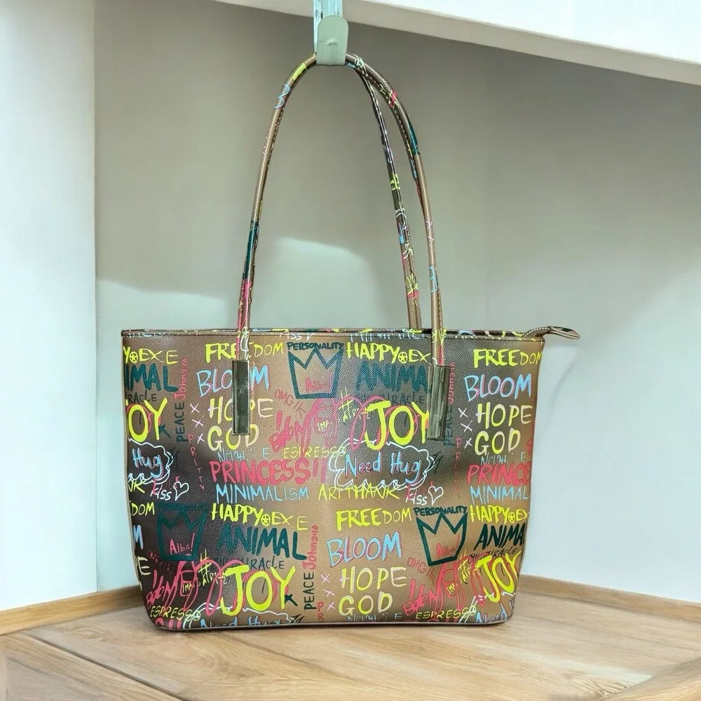 ALBA Graffiti Shoulder Bag Tote Inspirational God Hope Joy Peace Happy Art Hug E